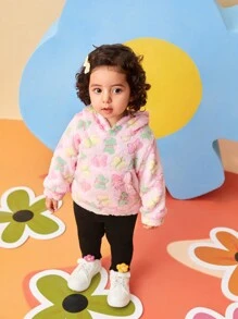 SHEIN 2pcs Baby Girls' Floral Print Hoodie Sweatshirt And Pants Set With 3D Small Flowers, Cute Outfit For Outdoor