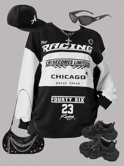 Coolane Women's Fall Streetwear Sportswear Athleisure Blokecore Black Letter Print Long Sleeves Tee