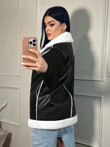 SHEIN SXY Autumn/Winter Warm Padded PU Leather & Fluffy Vest - Black and White - View 2