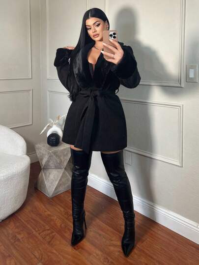 SHEIN SXY 大码休闲纯色毛绒拼布夹克，适合秋冬季