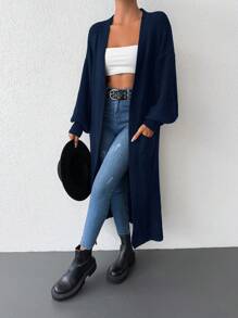 EURMUSE 女式落肩长袖大口袋纯色针织休闲开衫 - 藏蓝色 - 查看 5