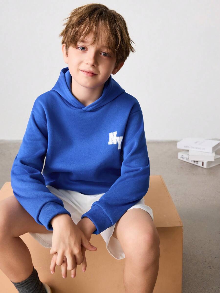 SHEIN Leap Crew 青少年男孩字母印花保暖连帽运动衫，休闲百搭，适合春秋季节