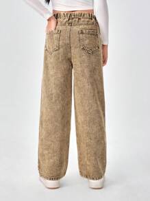 SHEIN Explorewe Tween Girls Y2K 时尚复古水洗效果 Mellard 彩色街头百搭休闲牛仔裤，适合所有季节 - 綠色 - 查看 2