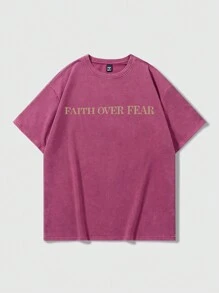 Manfinity EMRG 男士休闲标语印花 T 恤，夏季 - 玫紅色 - 查看 3