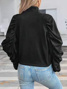 Chiquease Women's Casual Fashion Ruched Stand Collar Zipper Jacket Fall Cloth For Women - Black - View 2