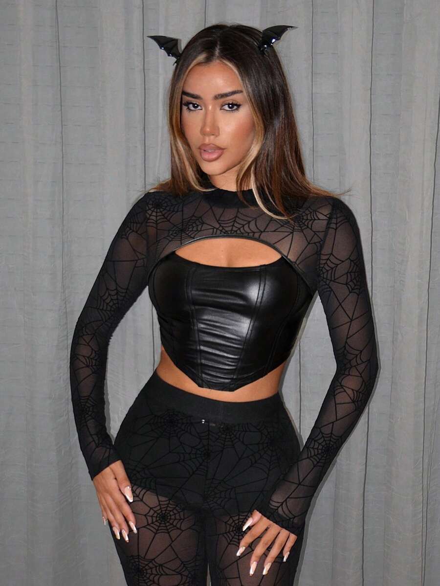 SHEIN ICON Rave Festival Outfits Clothes  Women Shirts Spider Print Stand Collar Flocked Mesh Insert Cutout Slim Fit Long Sleeve T-Shirt - Black - View 1