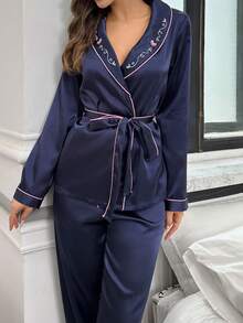 女士刺绣撞色仿丝睡衣套装 - 藍色 - 查看 5