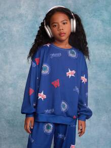 SHEIN Bộ 2 quần áo len cổ tròn in họa tiết cho bé gái tuổi mới lớn và quần short thoải mái - Xanh đậm - Xem 4