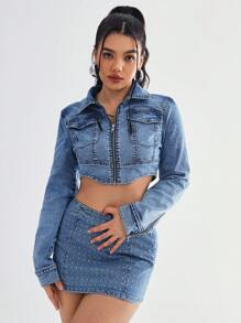 SHEIN EZwear جاكيت جينز قصيرة مع جيوب متعددة الأكمام طويلة للنساء في الربيع والخريف