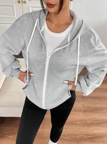 SHEIN EZwear Women's Thermal Lined Gray Hooded Zip-Up Sweatshirt For Autumn/Winter