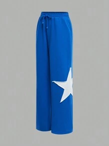 SHEIN Tween Girl 休闲针织字母印花圆领短袖 T 恤和星星印花腰带裤套装 - 寶藍色 - 查看 4
