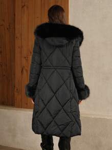 Anewsta Long Thick Fluffy Collar Hooded Two-Way Zip Up  Coat - Black - View 2