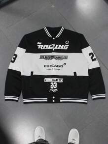 Manfinity EMRG Men's Plus Size Letter Print Loose Fit Casual Baseball Jacket, Spring Autumn - Black and White - View 1