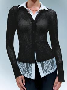 Textured Stripe Sheer Mesh Fitted Shirt - Black - View 5