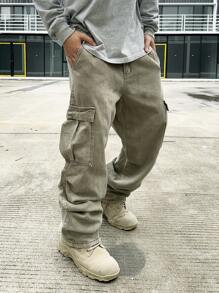 Manfinity EMRG Men's Cargo Pocket Wide Leg Casual Loose Fit Jeans, Plain Olive Green Long Baggy Washed Cargo Jeans, For Husband, Boyfriend Gifts Going Out Hang Out Vacation Urban College - Grey - View 1