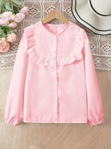 Áo cánh tối giản tay dài cài nút phía trước cho bé gái tuổi teen có viền xếp nếp - Hồng - Xem 1