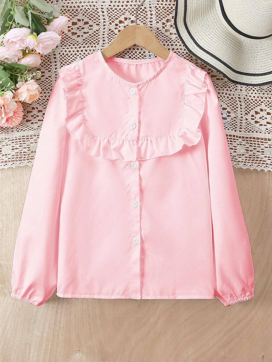 Áo cánh tối giản tay dài cài nút phía trước cho bé gái tuổi teen có viền xếp nếp - Hồng - Xem 1