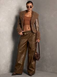 SHEIN BAE Women's Elastic Waist PU Leather Wide Leg Loose Fashion Pants - Brown - View 1