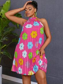 Maweii 大码女式花卉印花吊带褶边宽松连衣裙 - 玫紅色 - 查看 1