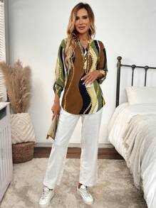 EMERY ROSE Women's Notched Neck Single-Breasted Printed Casual Long Sleeve Blouse, Autumn - Multicolor - View 3