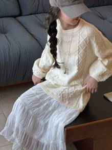 DAZY 青少年女孩粗针织撞色网眼毛衣裙，返校服装