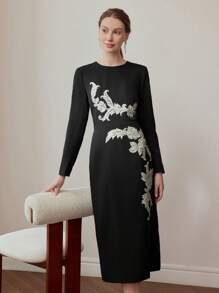 MOTF PREMIUM FLORAL EMBROIDERY CONTRAST SEQUIN SPLIT HEM MIDI DRESS - Black - View 6