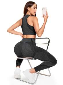 SHEIN Sports Bộ đồ tập luyện & yoga liền mạch 2 món/bộ đồ thể thao tập luyện cho nữ Bộ đồ bó cho nữ - màu đen - Xem 6