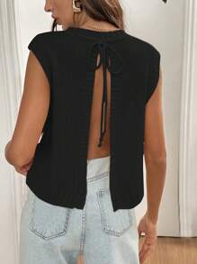 SHEIN Frenchy 女士纯色露背针织吊带背心，侧开衩下摆，秋季休闲无袖上衣 - 黑色 - 查看 5