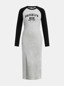 SHEIN Tween Girl 休闲针织拼色插肩袖修身中长连衣裙 - 灰色 - 查看 1