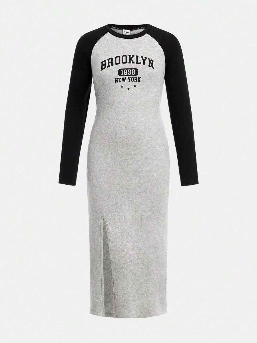 SHEIN Tween Girl 休闲针织拼色插肩袖修身中长连衣裙 - 灰色 - 查看 1