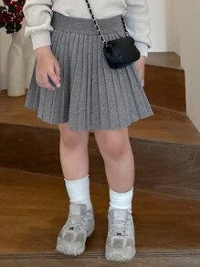 Dazy Kids Young Girl Solid Color Elastic Waist Casual Sweater & Pleated Mini Skirt Set