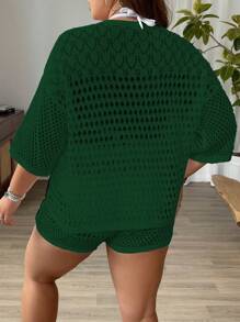 SHEIN LUNE Plus Size Plain V-Neck Short Sleeve Top And Shorts Knitted Casual 2-Piece Set