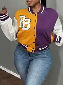 Slaydiva Plus Size Contrast Color Block Casual Sports Jacket Bomber Coat, Autumn - Multicolor - View 4