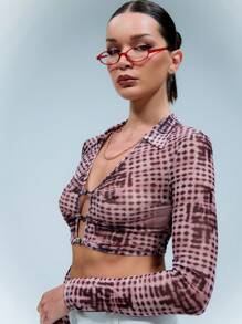 SHEIN Unity Abstract Dot Printed Mesh Front Cut Out Metal Trim Long Sleeve Shirt - Multicolor - View 4