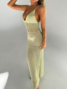 Aloruh Women's Vacation Beach Cover Up Dress, Summer Knitting Geometric Spaghetti Strap Deep V High Slit Hollow Out Super Long Green Dress - Green - View 1