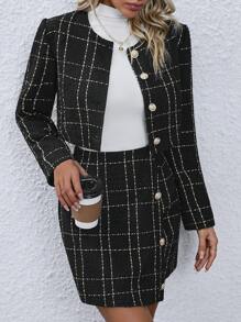 Chiquease 2 piezas Conjunto elegante de chaqueta de manga larga de un solo botón con estampado a cuadros y falda con bajo asimétrico para mujer, primavera-otoño - Negro - Ver 6