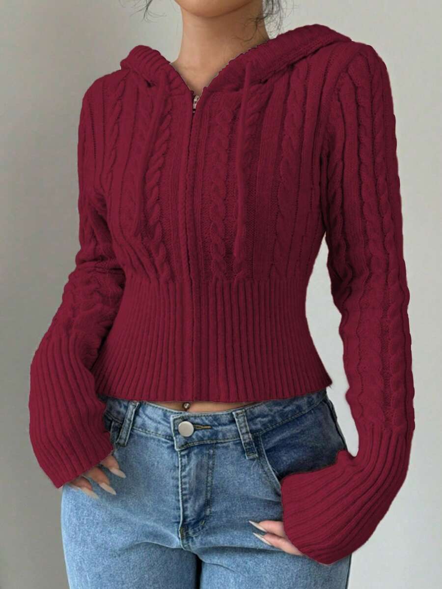 Flirla Áo khoác cardigan trơn có mũ trùm đầu có dây rút cho nữ, trang phục thường ngày thu/đông cho năm mới, áo dài tay - Đỏ - Xem 1