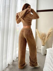 SHEIN EZwear 2 件套女士纯色羊毛前拉链连帽衫和裤子套装，秋冬 - 杏色 - 查看 2