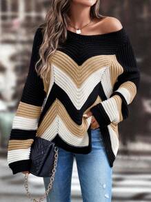 SHEIN LUNE Suéter casual sencillo de cuello redondo y manga larga con bloques de color, jersey de punto para otoño e invierno - Multicolor - Ver 3