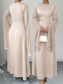 SHEIN Clasi Đầm Maxi Dài Tay Loe Eo Thanh Lịch Quyến Rũ Gợi Cảm Cho Nữ Trang Phục Nữ Màu Trơn - Màu be - Xem 6