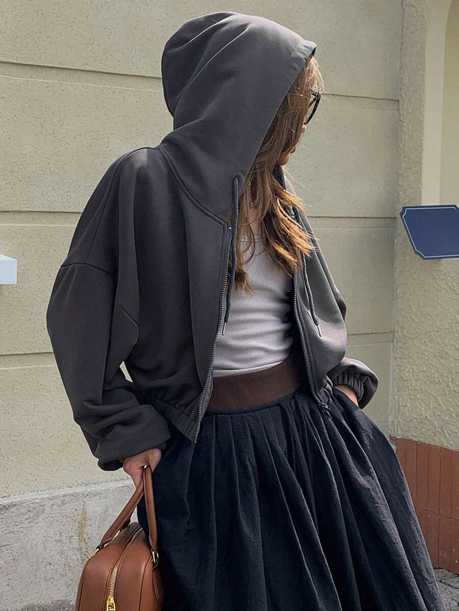 DAZY Áo hoodie trơn màu rộng rãi có khóa kéo cho nữ, mùa thu - Xám - Xem 1