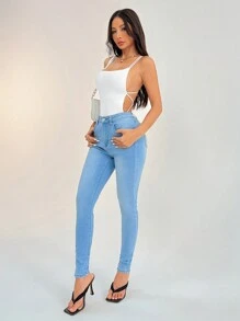 SHEIN PETITE Women's Sexy Spaghetti Strap Backless Sleeveless Knitted Bodysuit - White - View 5