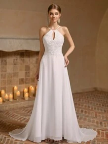 Elegant Halter White Bridal Gown, A-Line/Princess Chiffon Lace Wedding Dress