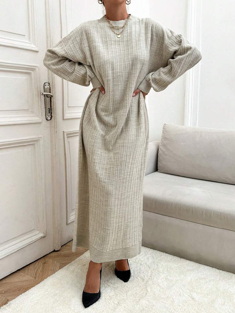 EURMUSE Casual Rib Knit Maxi Long Sleeve Crew Neck Sweater Dress - Beige - View 1