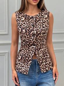 SHEIN EZwear Women's Leopard Print Front Button Sleeveless Casual Blazer
