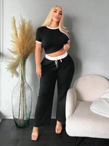 SHEIN SXY 2pcs Plus Size Black & White Contrast T-Shirt And Pants Set - Black - View 8