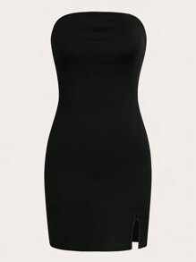 SHEIN PETITE Bodycon Black Strapless Dress With Slit Hem Mini Short Women Outfit - Black - View 1