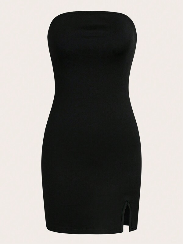 SHEIN PETITE Rochie Neagră Bodycon fără bretele, cu tiv cu fante, ținută mini scurtă pentru femei