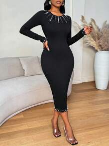 SHEIN Clasi Robe moulante en tricot à longues perles pour femmes, tenue maxi pour femmes
