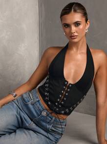 SHEIN BAE Áo corset trang trí ren đen thu đông cho nữ,
Trang phục Halloween - màu đen - Xem 5